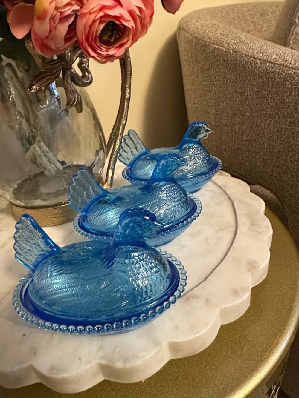 Blue Plastic Hen-on-Nest Covered Dish - Decorative Serving Dish. Set of 3